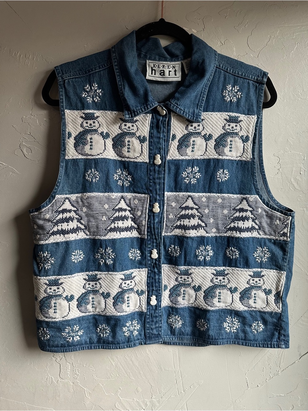 Keren Hart Snowman Denim Vest XL Christmas Winter Novelty Cottagecore